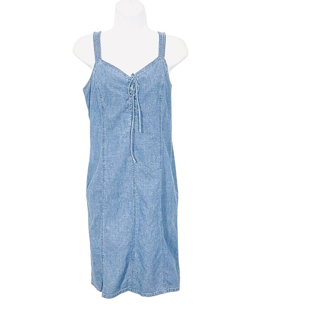 Vtg y2K Blue Jean SUNDRESS Size 6 Small Cotton LACE-UP FRONT Knee Length ZIPPER